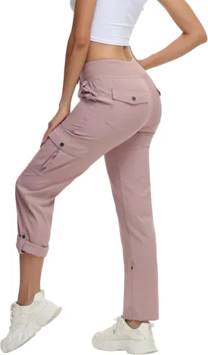 Women's Cargo Hiking Pants Quick Dry Lightweight Elastic Waist Button Pockets Joggers Athletic Sweatpants Travel Casual