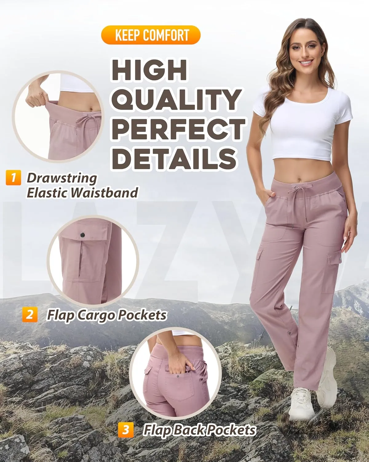 Women's Cargo Hiking Pants Quick Dry Lightweight Elastic Waist Button Pockets Joggers Athletic Sweatpants Travel Casual