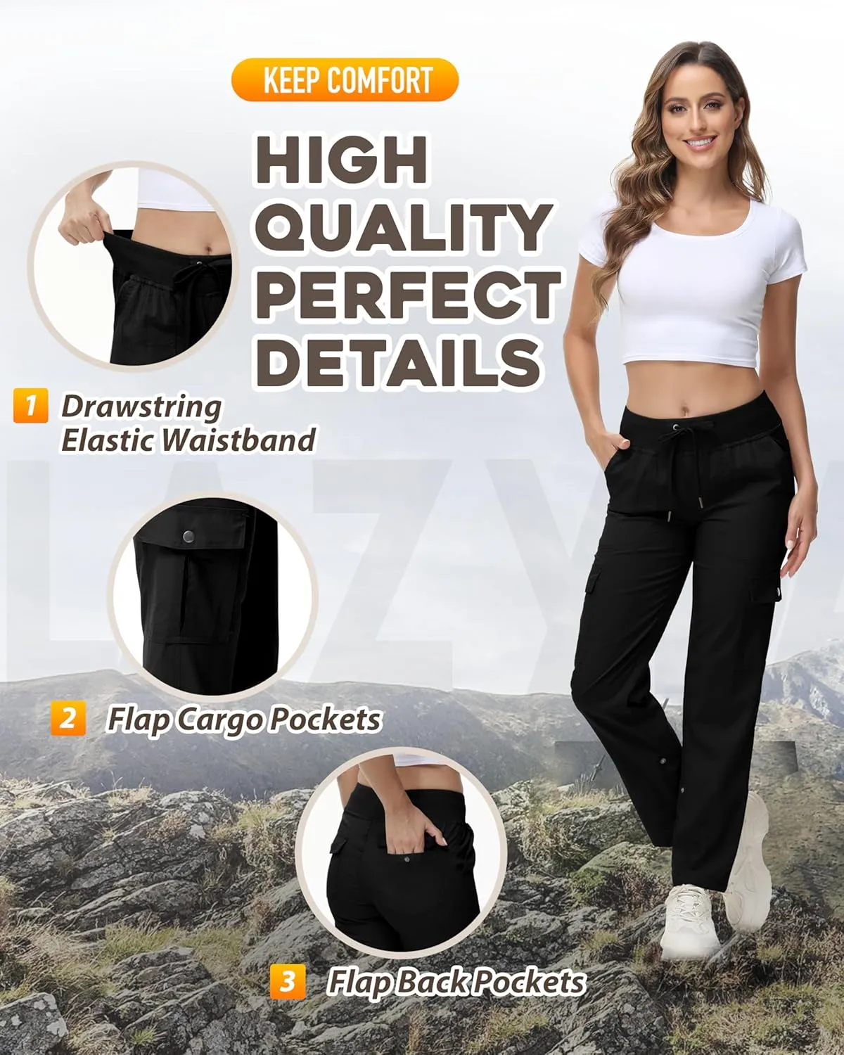 Women's Cargo Hiking Pants Quick Dry Lightweight Elastic Waist Button Pockets Joggers Athletic Sweatpants Travel Casual