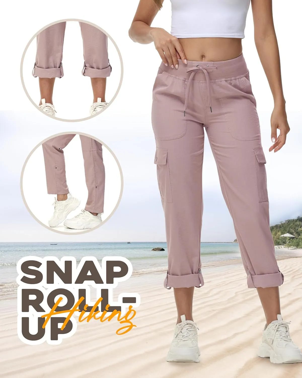 Women's Cargo Hiking Pants Quick Dry Lightweight Elastic Waist Button Pockets Joggers Athletic Sweatpants Travel Casual