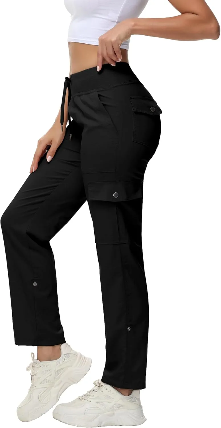 Women's Cargo Hiking Pants Quick Dry Lightweight Elastic Waist Button Pockets Joggers Athletic Sweatpants Travel Casual