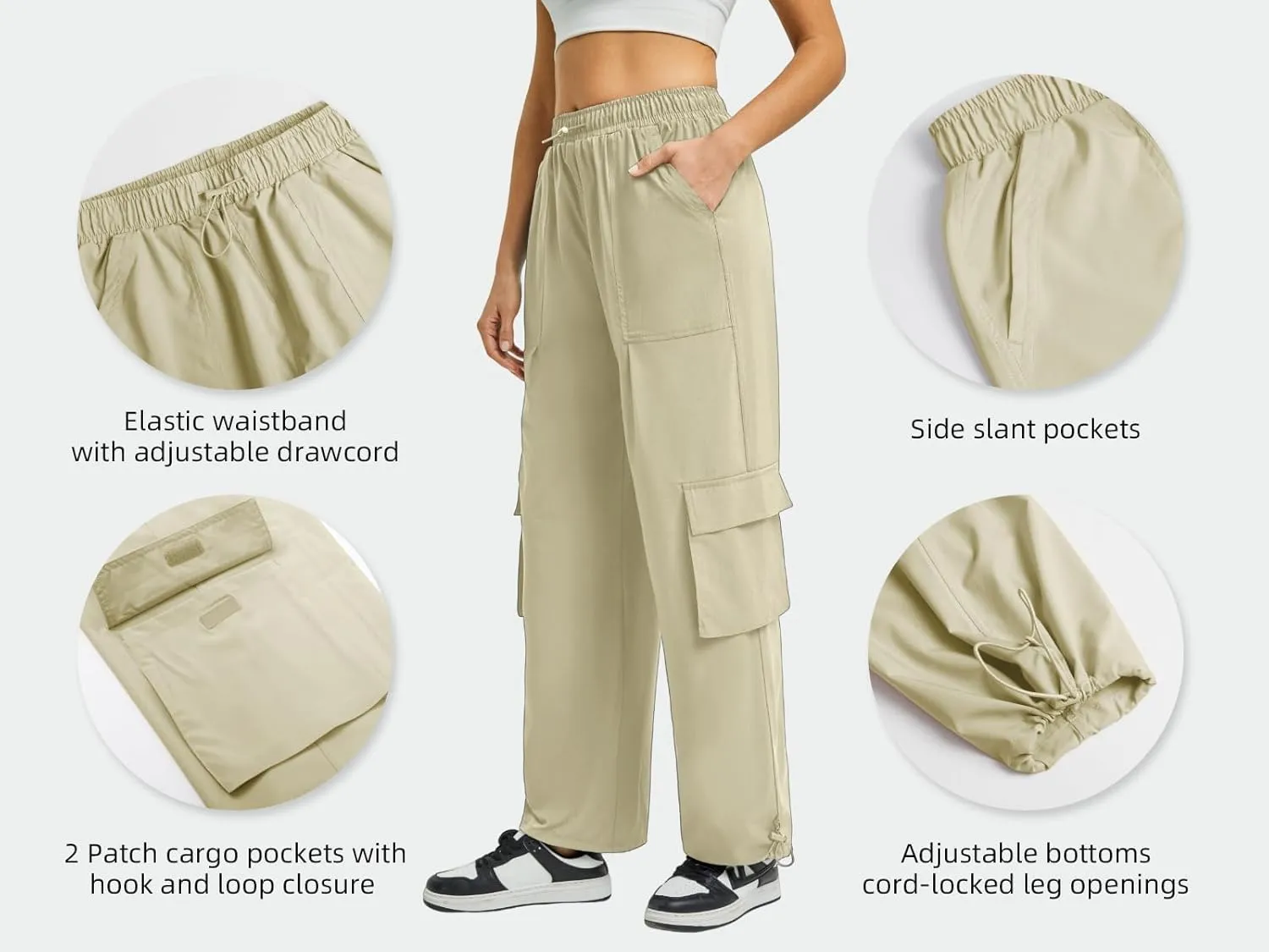 Women's Cargo Pants Water Resistant Lightweight Drawstring Hiking Joggers Base Jump Parachute Pants