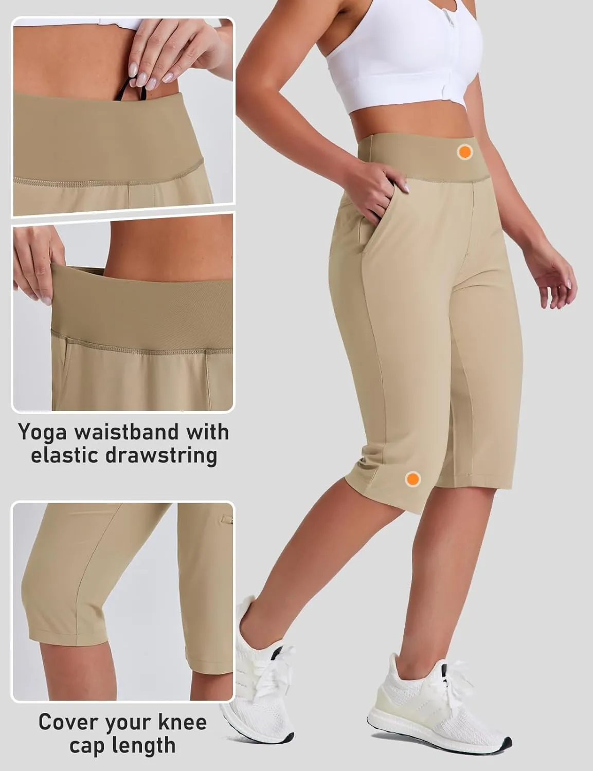 Women's Golf Capri Pants with Zipper Pockets Below The Knee Shorts Lightweight Long Hiking Shorts Knee Length