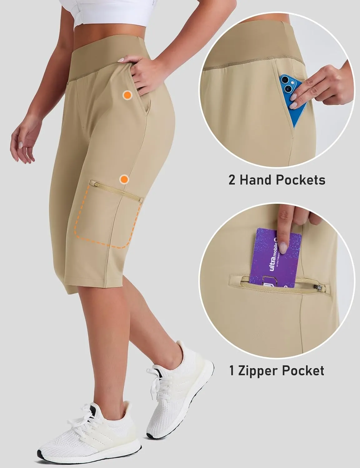 Women's Golf Capri Pants with Zipper Pockets Below The Knee Shorts Lightweight Long Hiking Shorts Knee Length