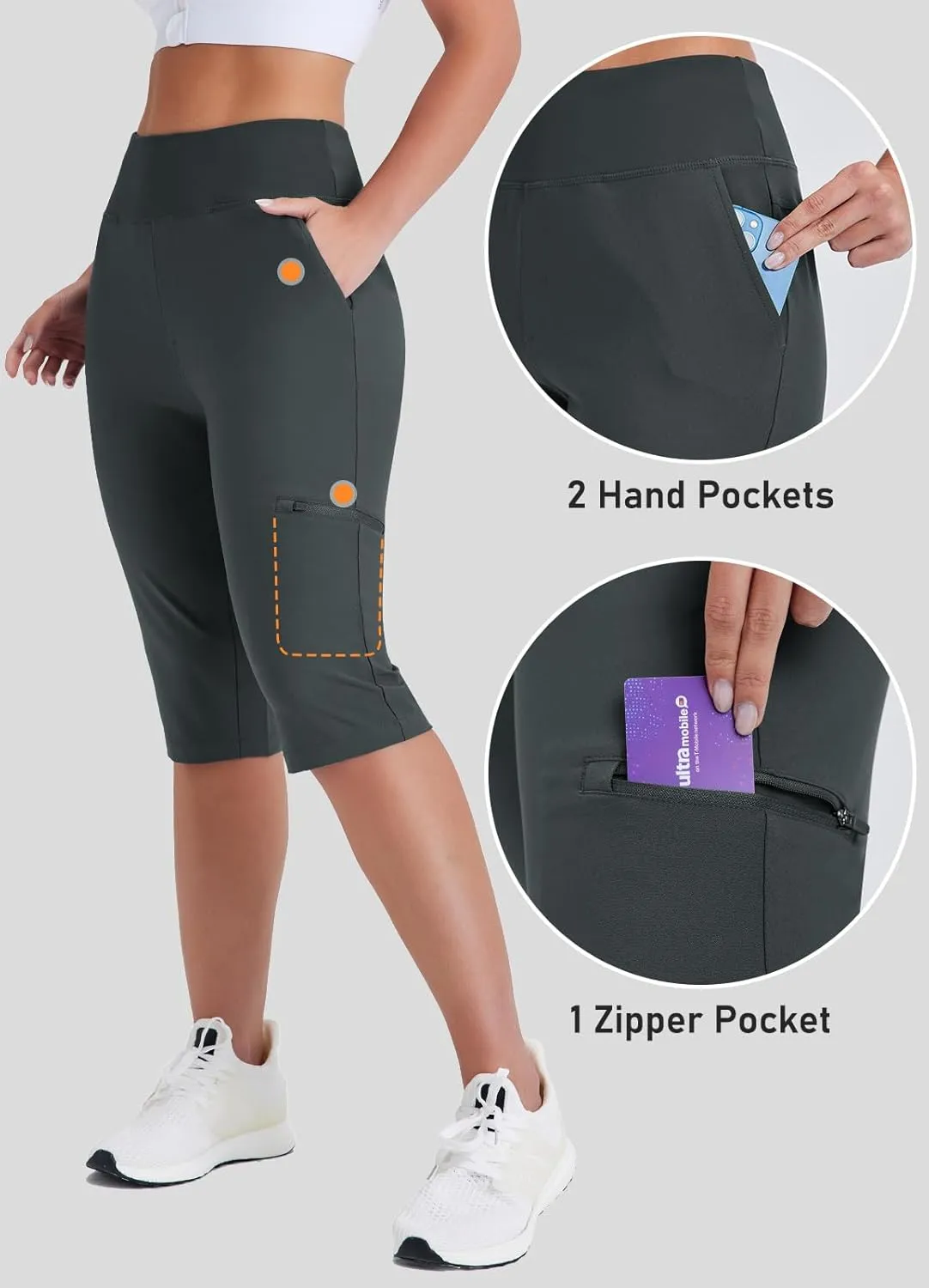 Women's Golf Capri Pants with Zipper Pockets Below The Knee Shorts Lightweight Long Hiking Shorts Knee Length