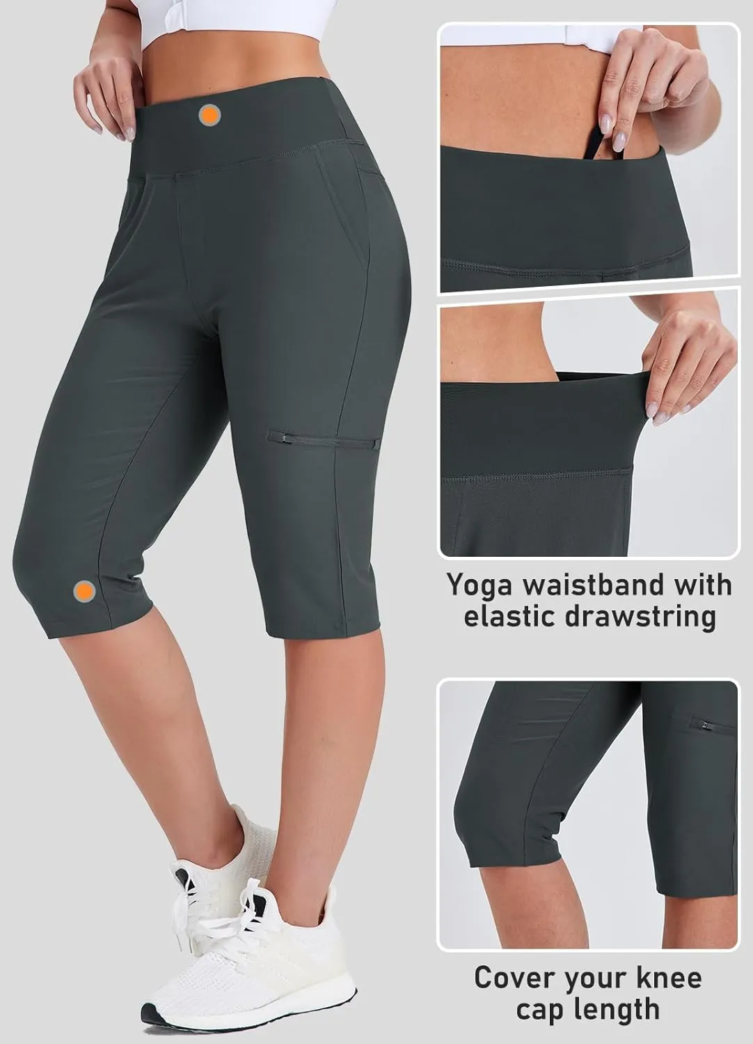 Women's Golf Capri Pants with Zipper Pockets Below The Knee Shorts Lightweight Long Hiking Shorts Knee Length