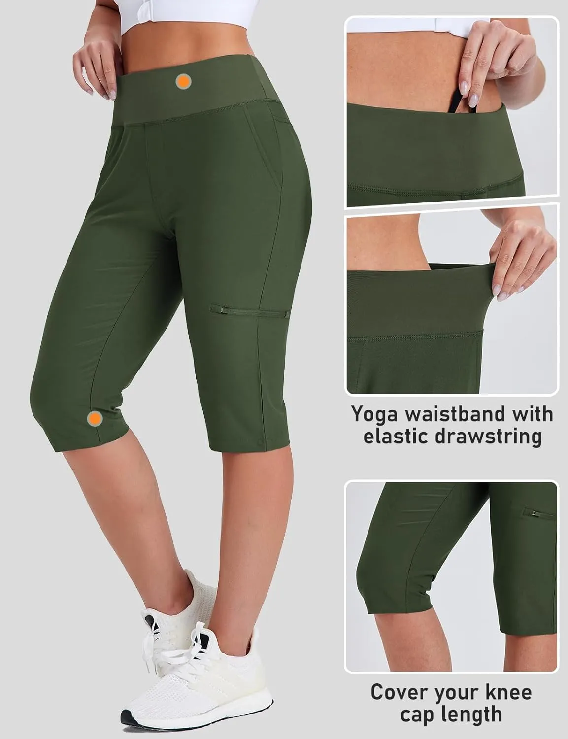 Women's Golf Capri Pants with Zipper Pockets Below The Knee Shorts Lightweight Long Hiking Shorts Knee Length