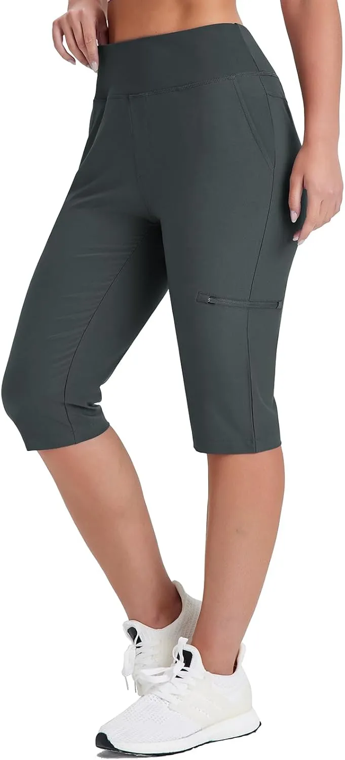 Women's Golf Capri Pants with Zipper Pockets Below The Knee Shorts Lightweight Long Hiking Shorts Knee Length