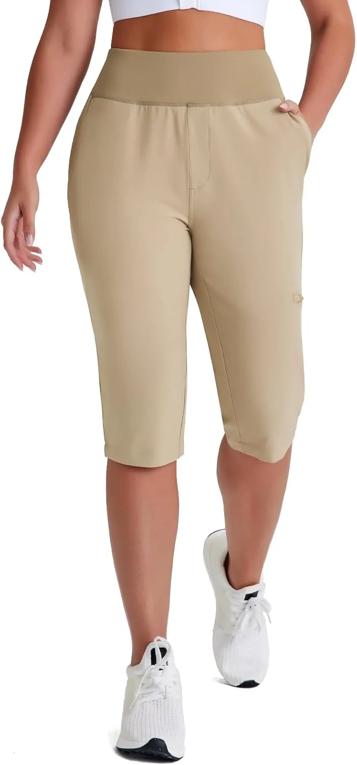 Women's Golf Capri Pants with Zipper Pockets Below The Knee Shorts Lightweight Long Hiking Shorts Knee Length