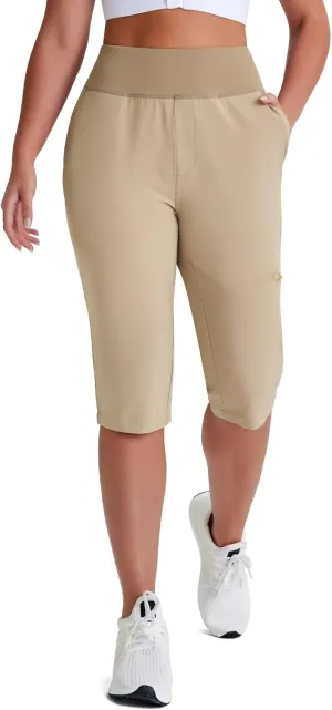 Women's Golf Capri Pants with Zipper Pockets Below The Knee Shorts Lightweight Long Hiking Shorts Knee Length