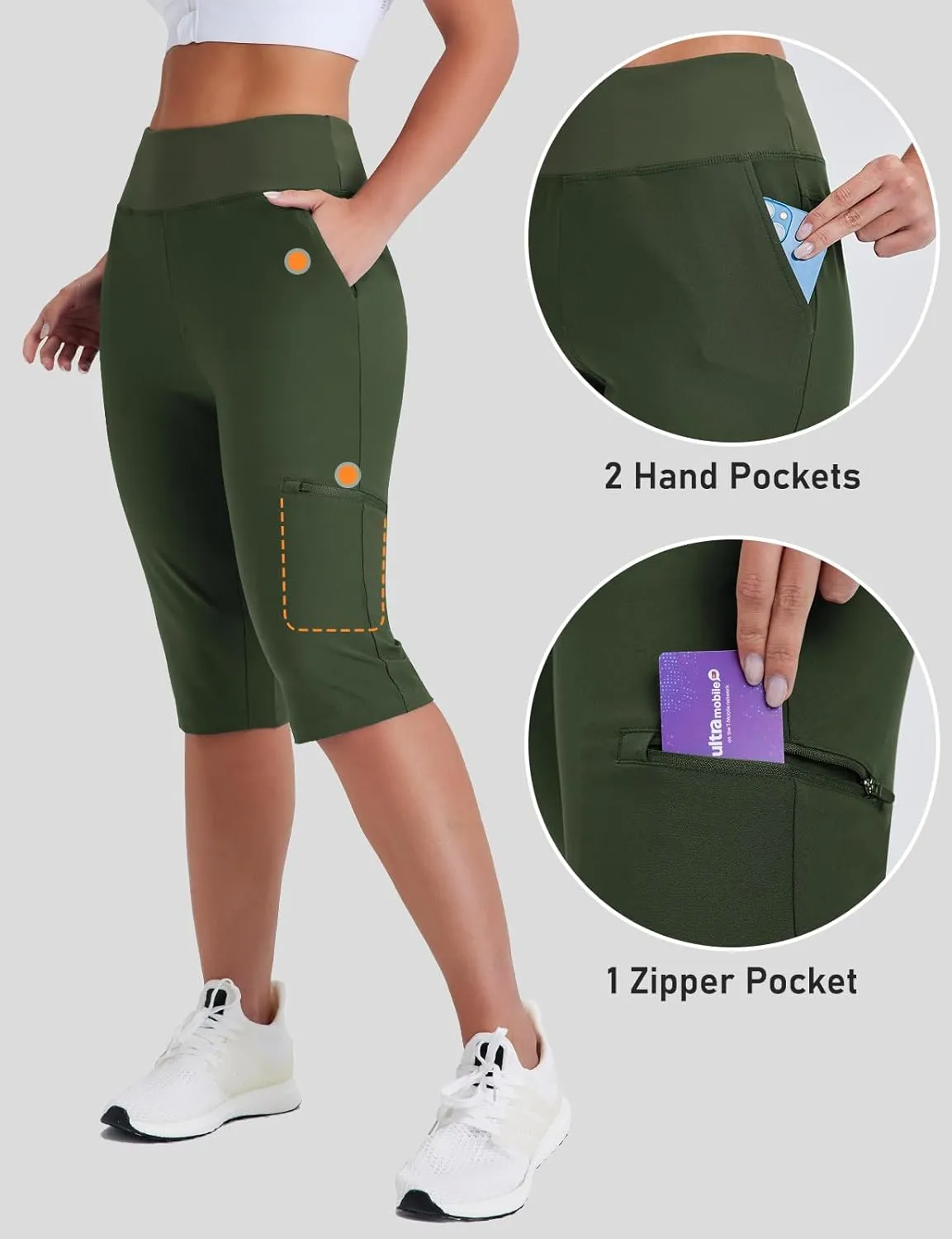 Women's Golf Capri Pants with Zipper Pockets Below The Knee Shorts Lightweight Long Hiking Shorts Knee Length
