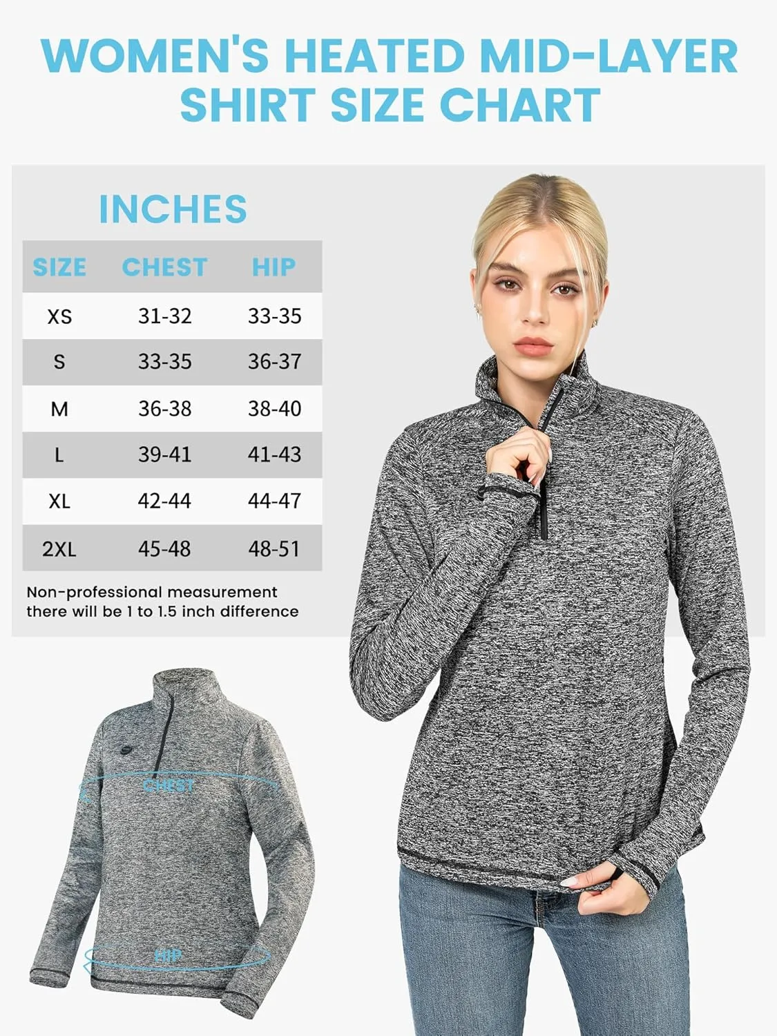 Women's Heated Shirt with Battery Included - High Powered Self Warming Thermal Layer, Stretch Mid Layer