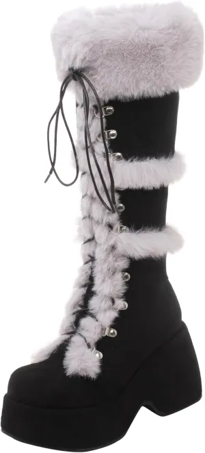 Women's Knee-High Suede Platform Boots, Waterproof Winter Fashion Round Toe High Heel with Side Zipper