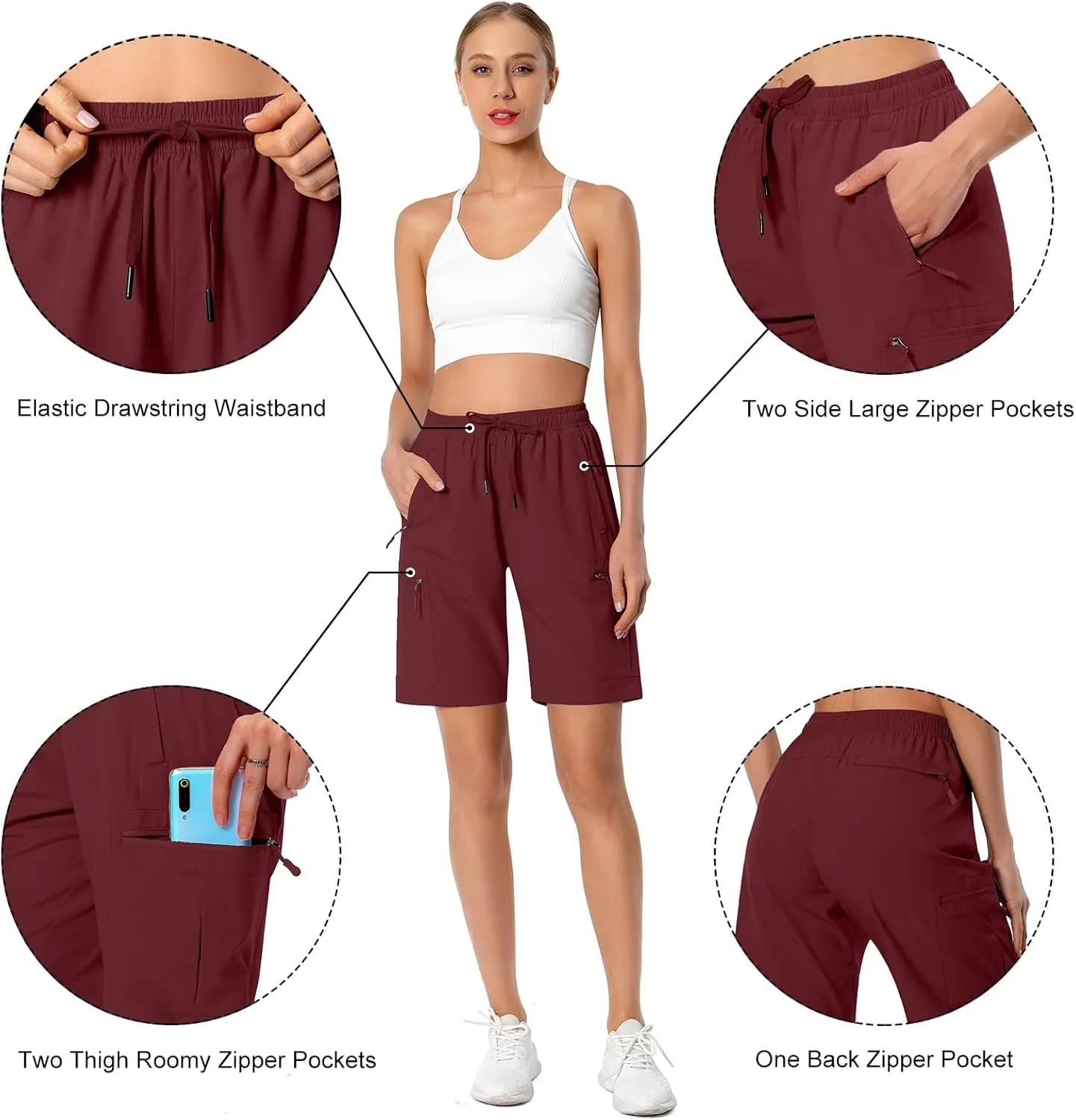 Women's Lightweight Hiking Cargo Shorts Quick Dry Athletic Shorts for Camping Travel Golf with Zipper Pockets Water Resistant