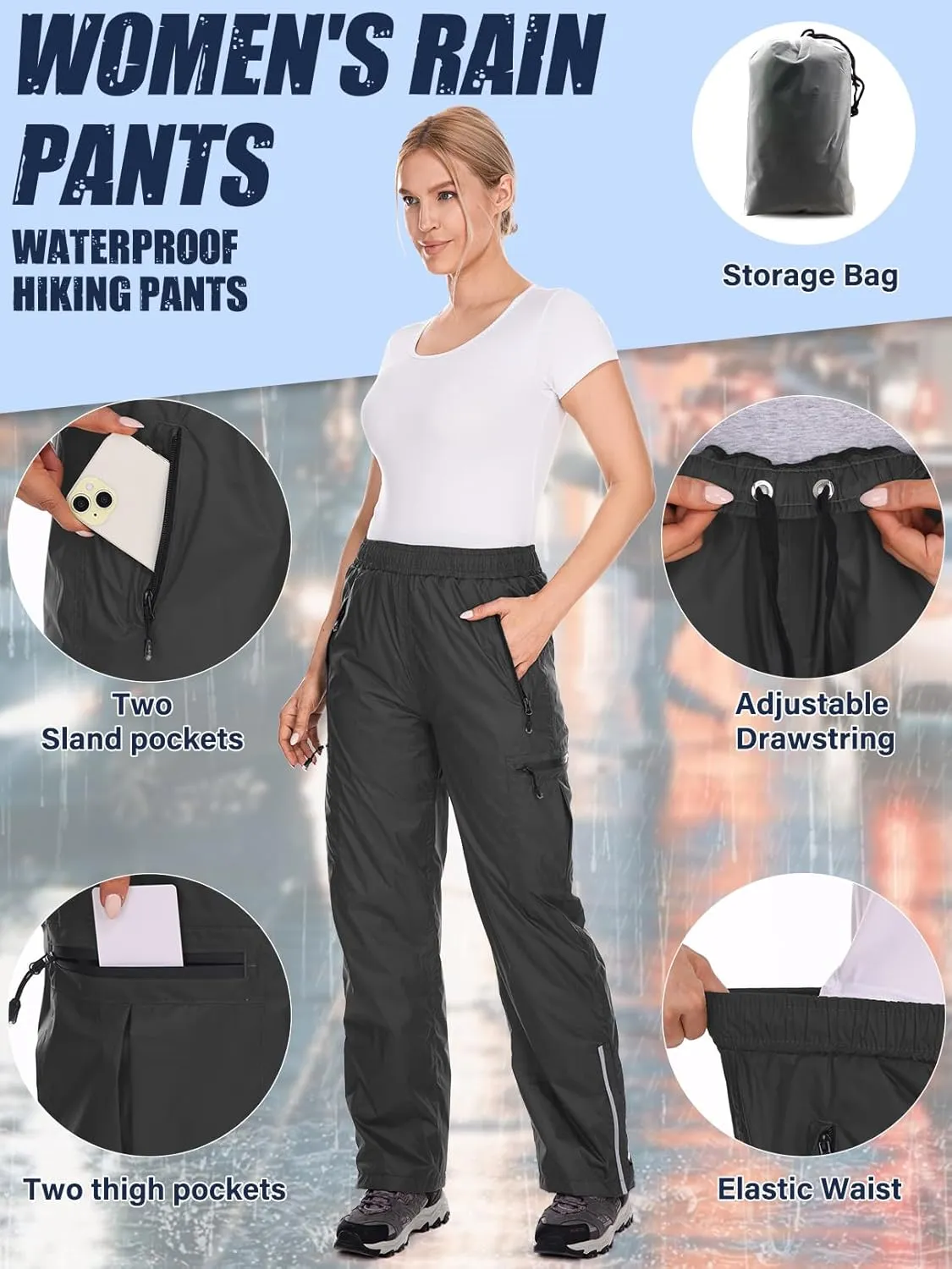 Women's Rain Pants Waterproof Hiking Pants Windproof Lightweight Over Pants Outdoor for Golf Fishing Cycling #2089