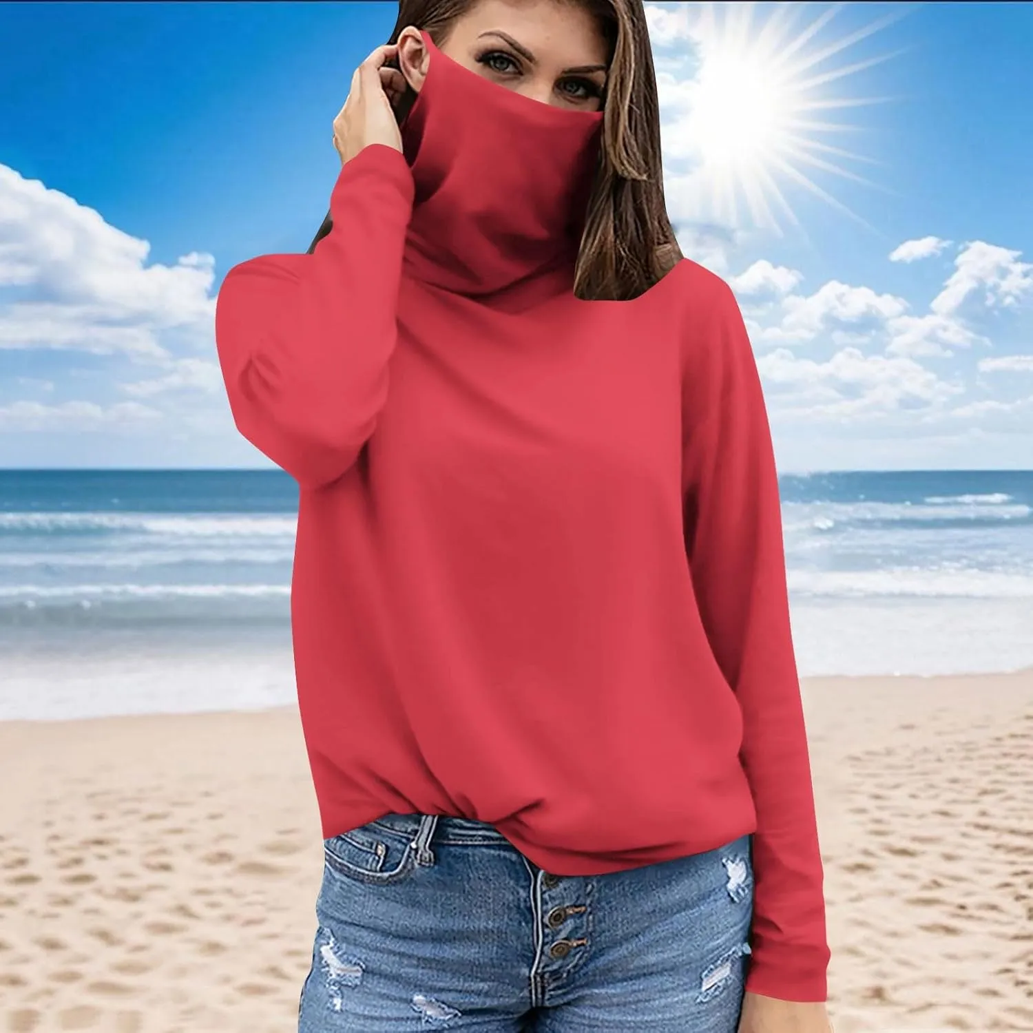 Women's UPF 50  Sun Protection Shirt with Face Mask Breathable Long Sleeve Sunshirt Summer Outdoor Rash Guard Tops