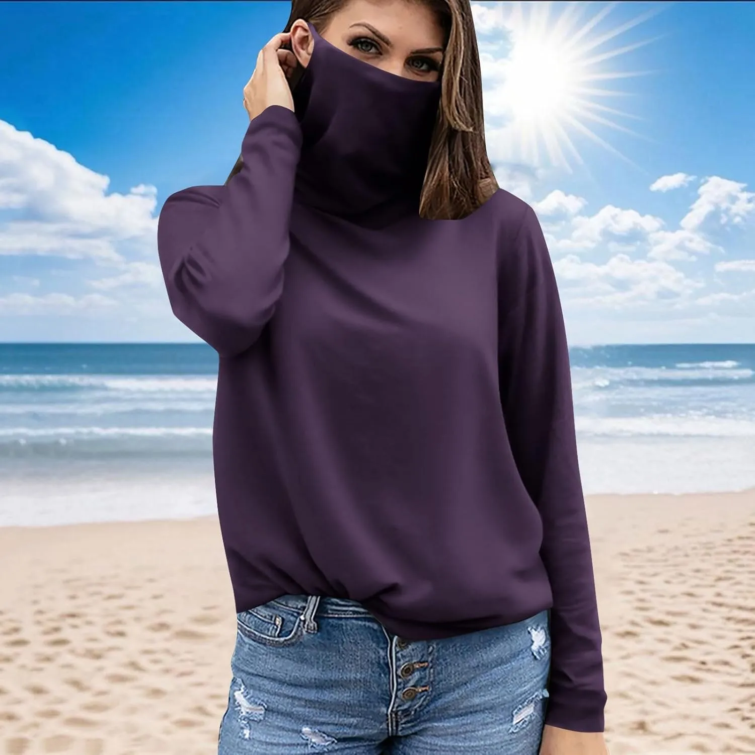 Women's UPF 50  Sun Protection Shirt with Face Mask Breathable Long Sleeve Sunshirt Summer Outdoor Rash Guard Tops