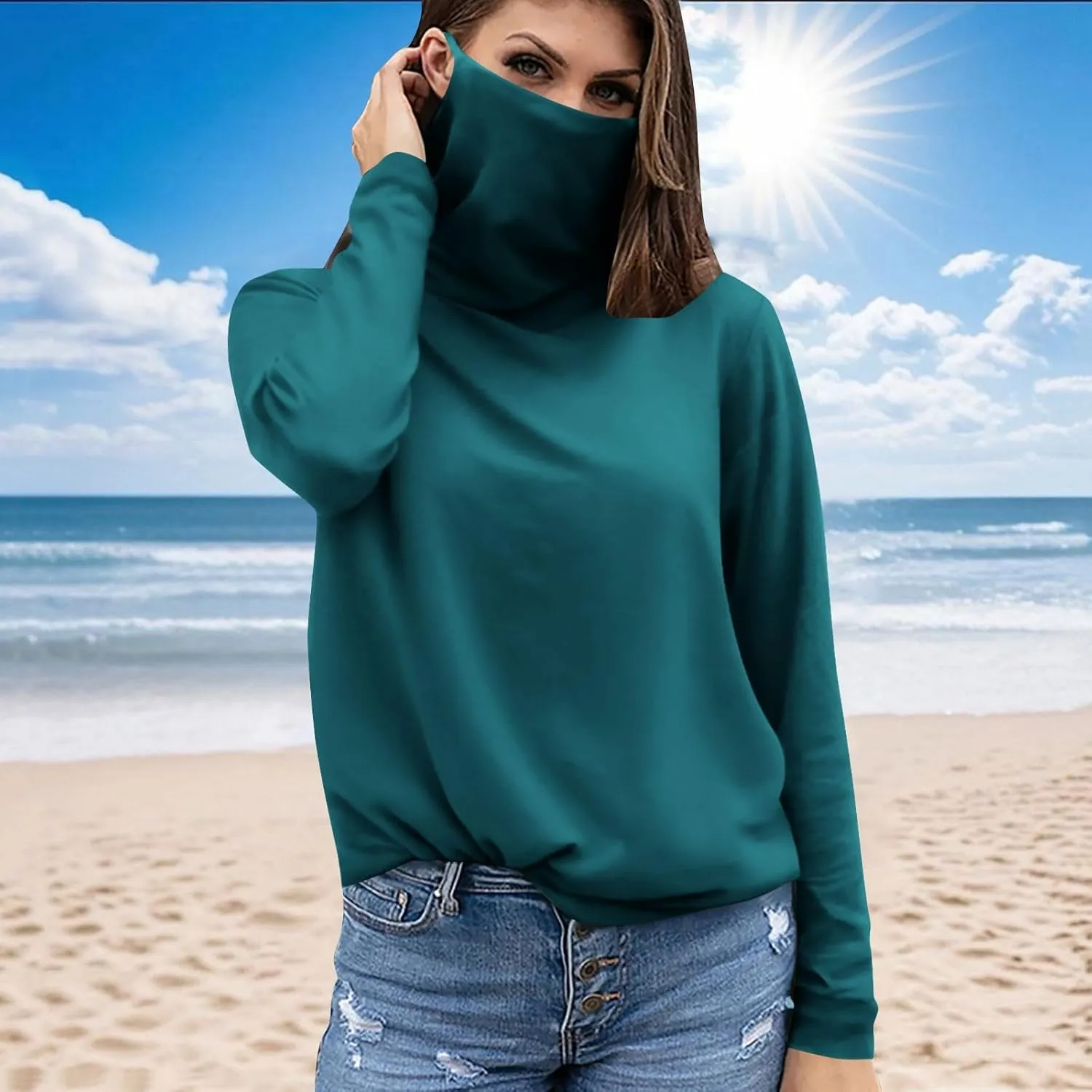 Women's UPF 50  Sun Protection Shirt with Face Mask Breathable Long Sleeve Sunshirt Summer Outdoor Rash Guard Tops