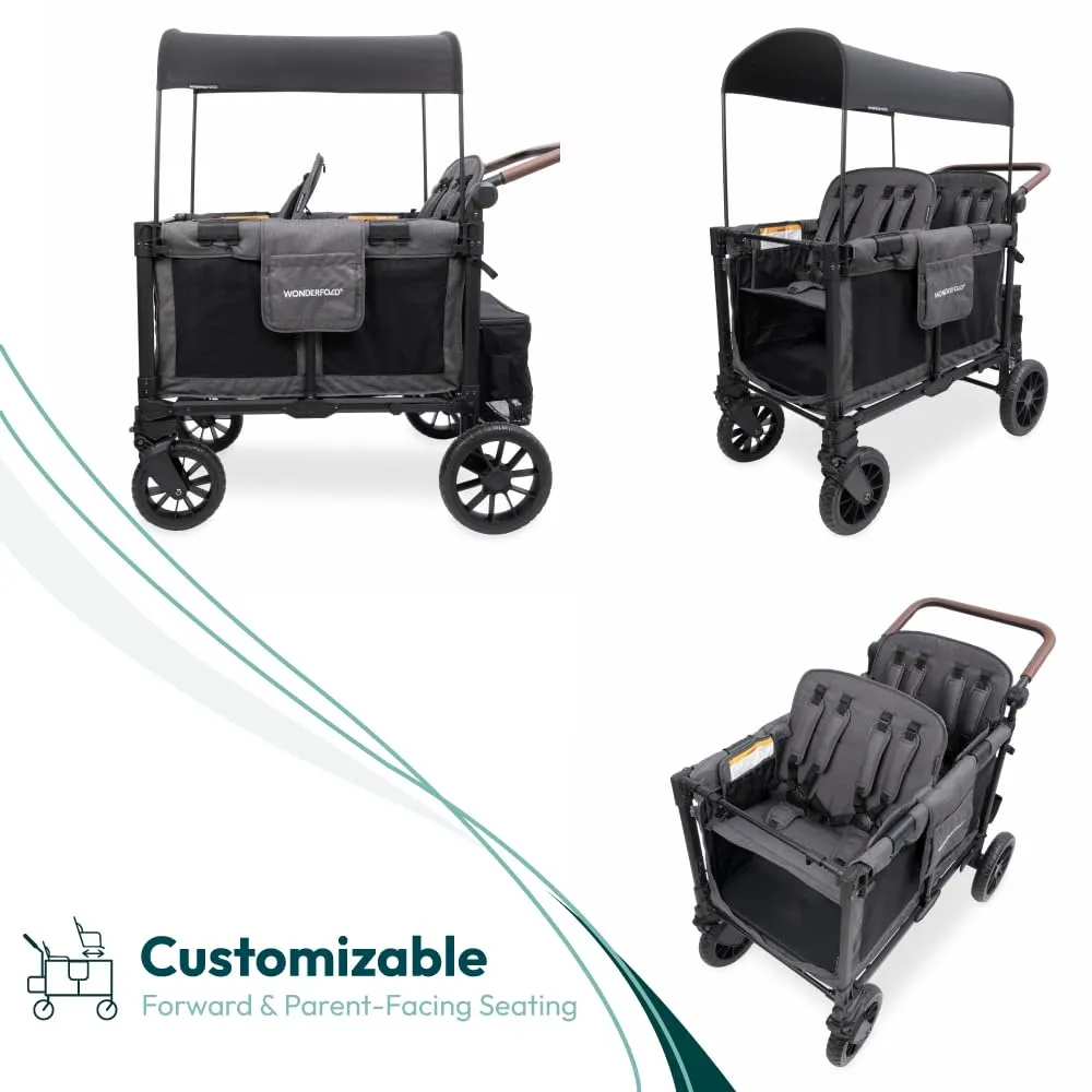 WONDERFOLD W4 Luxe Pro Stroller Wagon (4 Seater) - Collapsible Wagon Stroller with Seats Featuring 5-Point Safety Harnesses and Adjustable Sun Canopy, Charcoal Gray