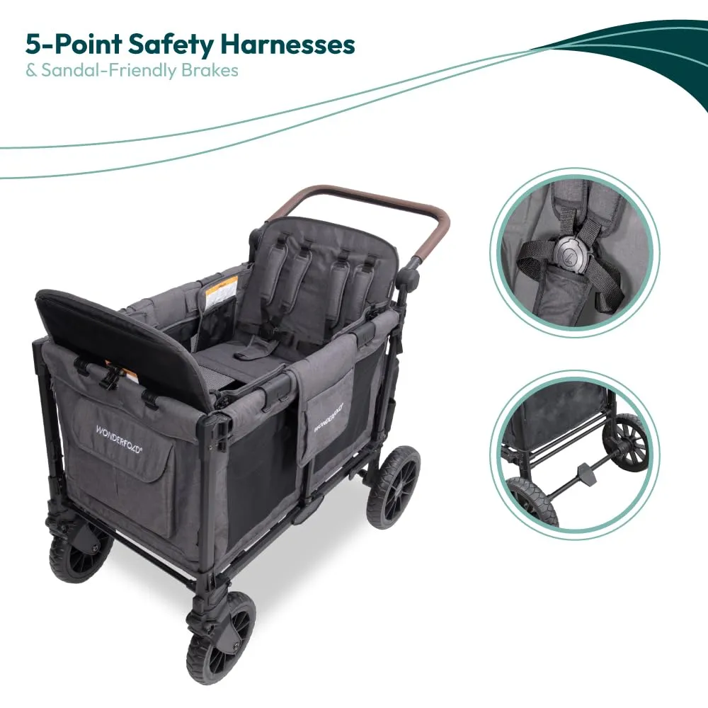 WONDERFOLD W4 Luxe Pro Stroller Wagon (4 Seater) - Collapsible Wagon Stroller with Seats Featuring 5-Point Safety Harnesses and Adjustable Sun Canopy, Charcoal Gray