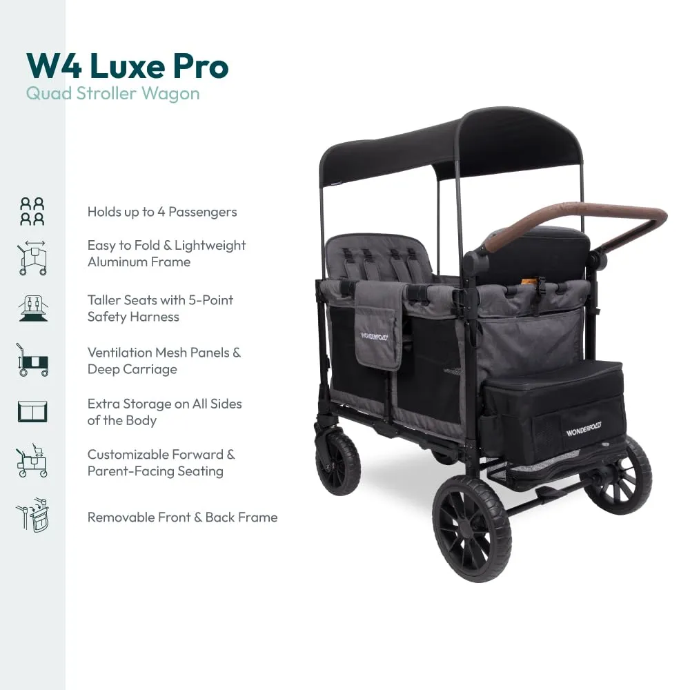 WONDERFOLD W4 Luxe Pro Stroller Wagon (4 Seater) - Collapsible Wagon Stroller with Seats Featuring 5-Point Safety Harnesses and Adjustable Sun Canopy, Charcoal Gray