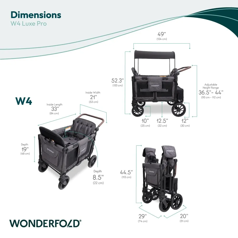WONDERFOLD W4 Luxe Pro Stroller Wagon (4 Seater) - Collapsible Wagon Stroller with Seats Featuring 5-Point Safety Harnesses and Adjustable Sun Canopy, Charcoal Gray