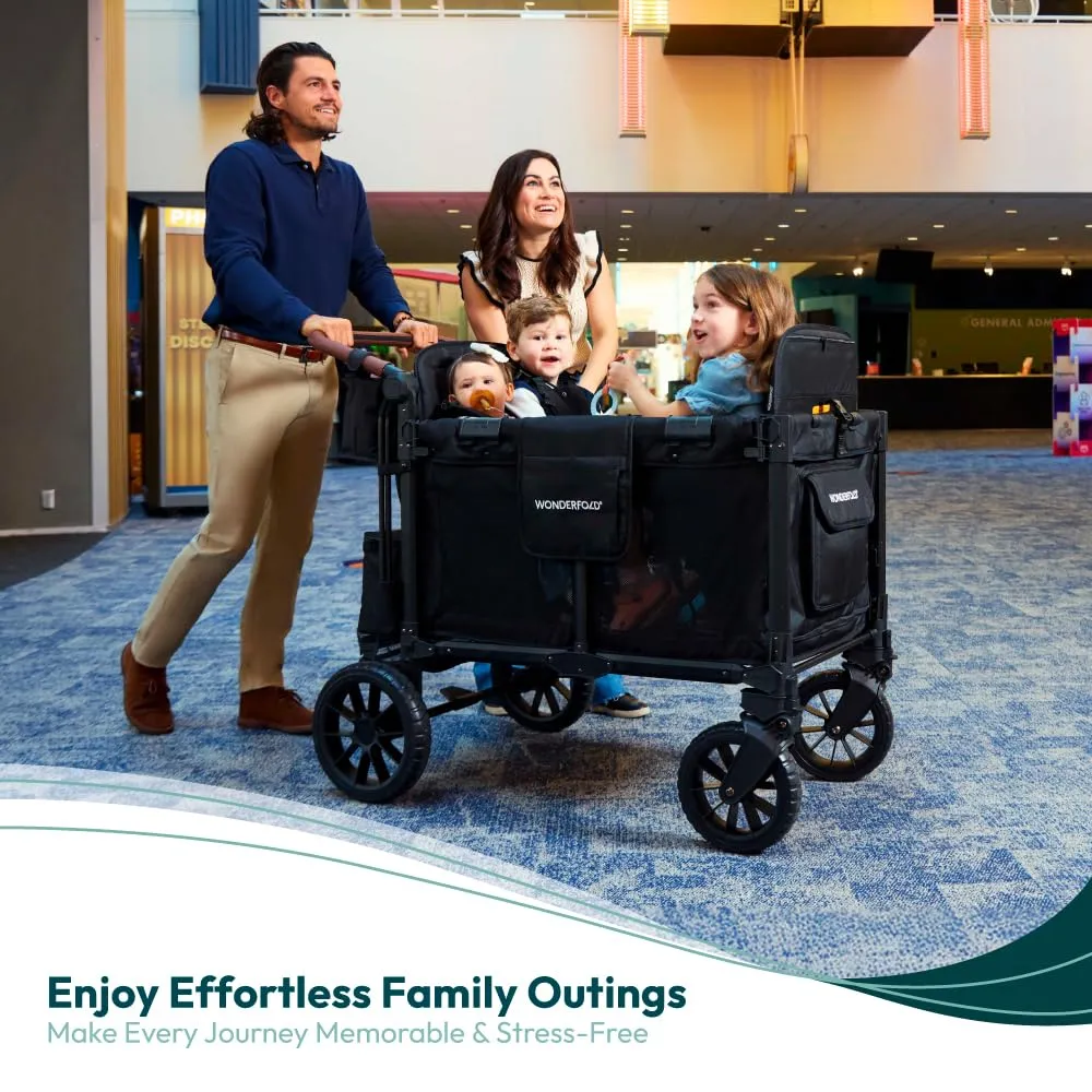 WONDERFOLD W4 Luxe Pro Stroller Wagon (4 Seater) - Collapsible Wagon Stroller with Seats Featuring 5-Point Safety Harnesses and Adjustable Sun Canopy, Charcoal Gray