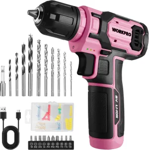 WORKPRO Pink Power Drill - 8V Cordless Drill Kit with 53pcs Bit Set, 2.0Ah Battery, 3/8" Chuck and Variable Speed Trigger