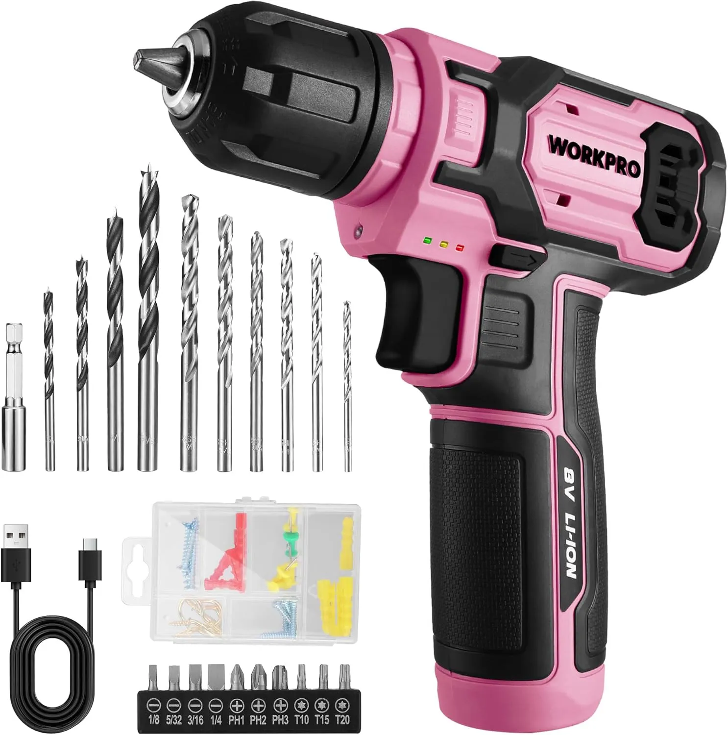 WORKPRO Pink Power Drill - 8V Cordless Drill Kit with 53pcs Bit Set, 2.0Ah Battery, 3/8" Chuck and Variable Speed Trigger