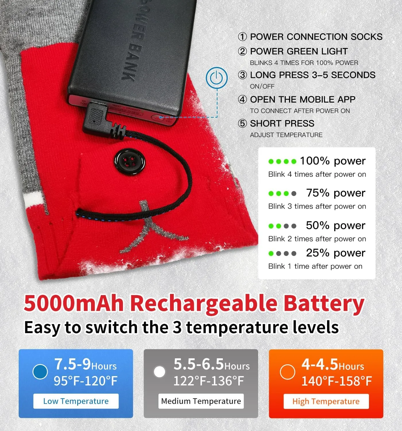 YAHAVA Electric Heated Socks for Men Women 5000mAh Rechargeable Battery Heated Socks