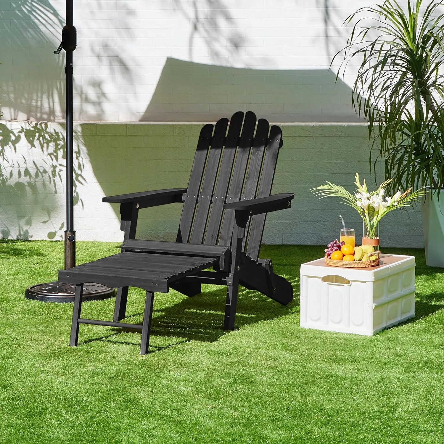 Yaheetech Folding Adirondack Chair with Retractable Ottoman 300lb Solid Wood Garden Chair, Fire Pit Lounge Chairs Weather Resistant Furniture for Garden/Yard/Patio/Lawn, Black