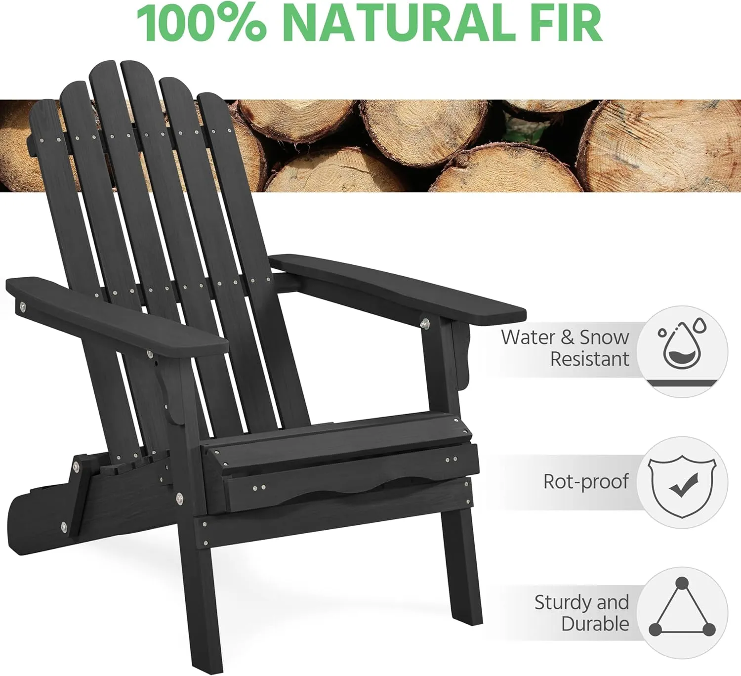Yaheetech Folding Adirondack Chair with Retractable Ottoman 300lb Solid Wood Garden Chair, Fire Pit Lounge Chairs Weather Resistant Furniture for Garden/Yard/Patio/Lawn, Black