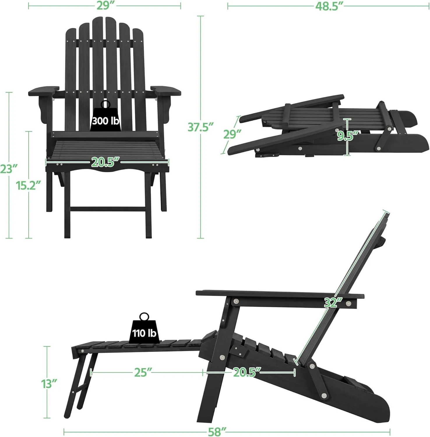 Yaheetech Folding Adirondack Chair with Retractable Ottoman 300lb Solid Wood Garden Chair, Fire Pit Lounge Chairs Weather Resistant Furniture for Garden/Yard/Patio/Lawn, Black