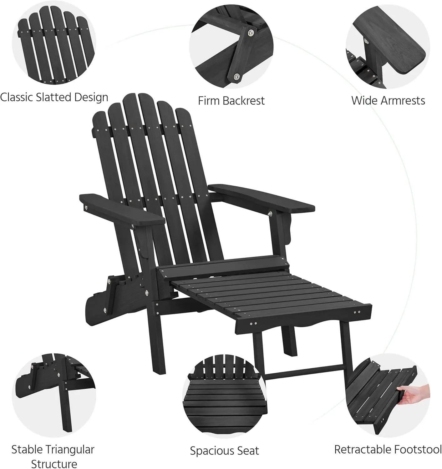 Yaheetech Folding Adirondack Chair with Retractable Ottoman 300lb Solid Wood Garden Chair, Fire Pit Lounge Chairs Weather Resistant Furniture for Garden/Yard/Patio/Lawn, Black