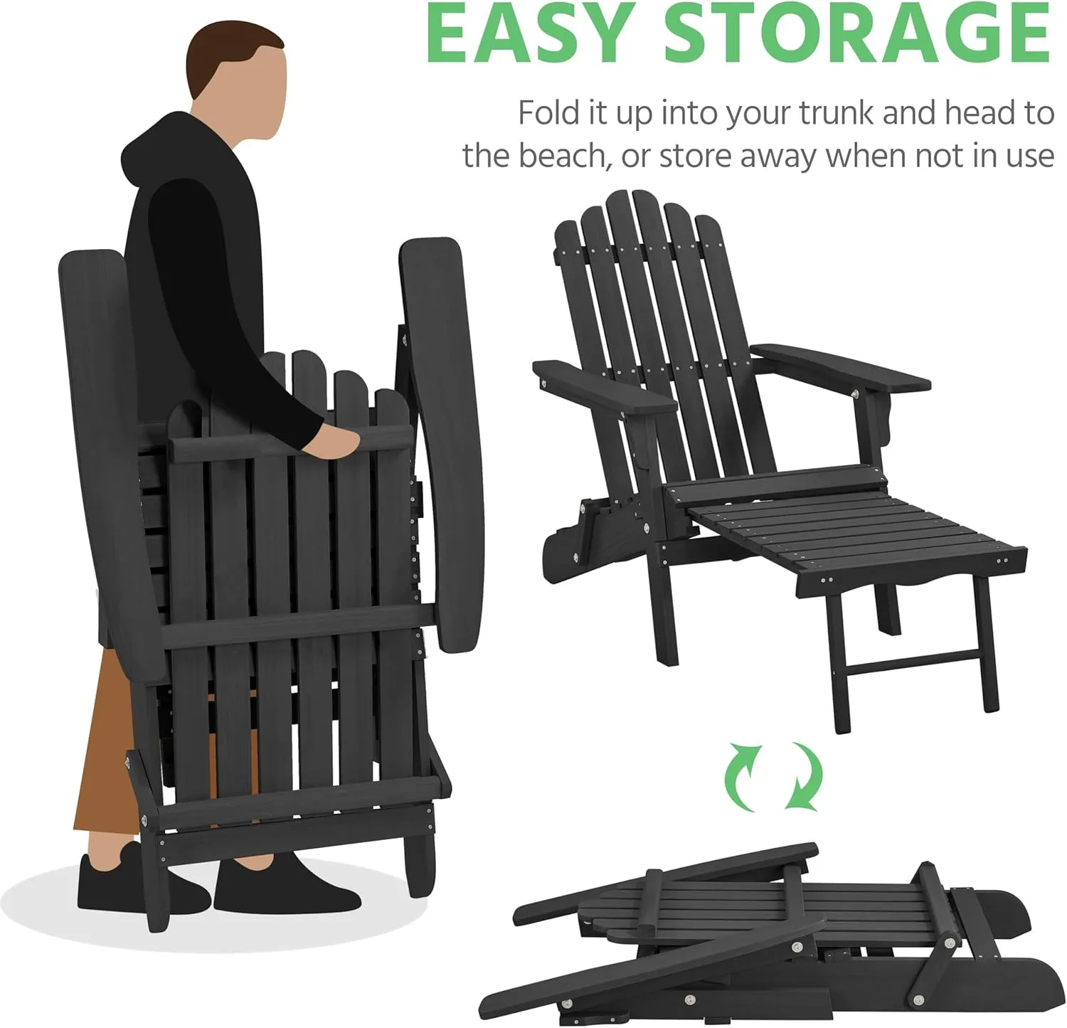 Yaheetech Folding Adirondack Chair with Retractable Ottoman 300lb Solid Wood Garden Chair, Fire Pit Lounge Chairs Weather Resistant Furniture for Garden/Yard/Patio/Lawn, Black