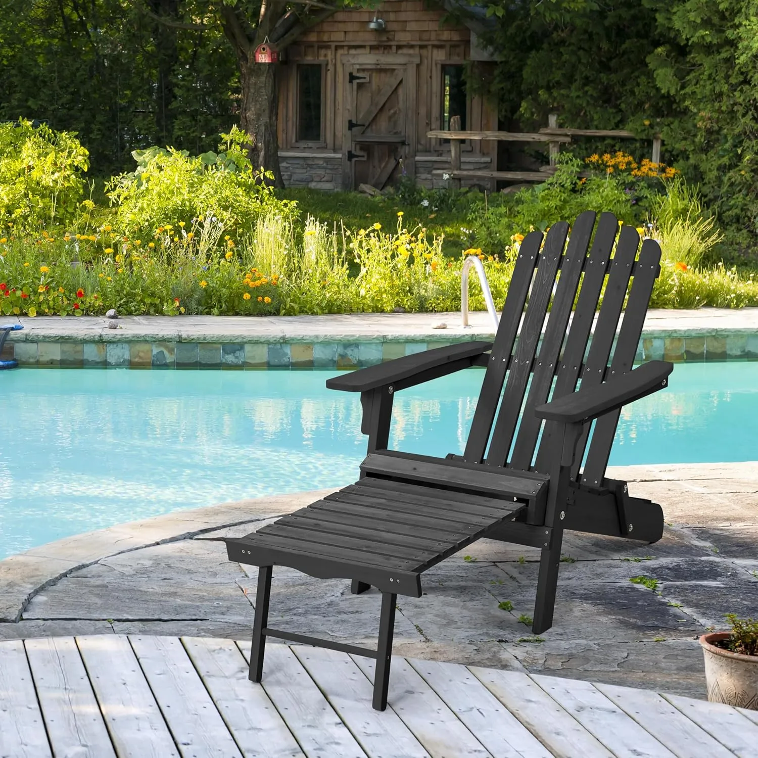 Yaheetech Folding Adirondack Chair with Retractable Ottoman 300lb Solid Wood Garden Chair, Fire Pit Lounge Chairs Weather Resistant Furniture for Garden/Yard/Patio/Lawn, Black
