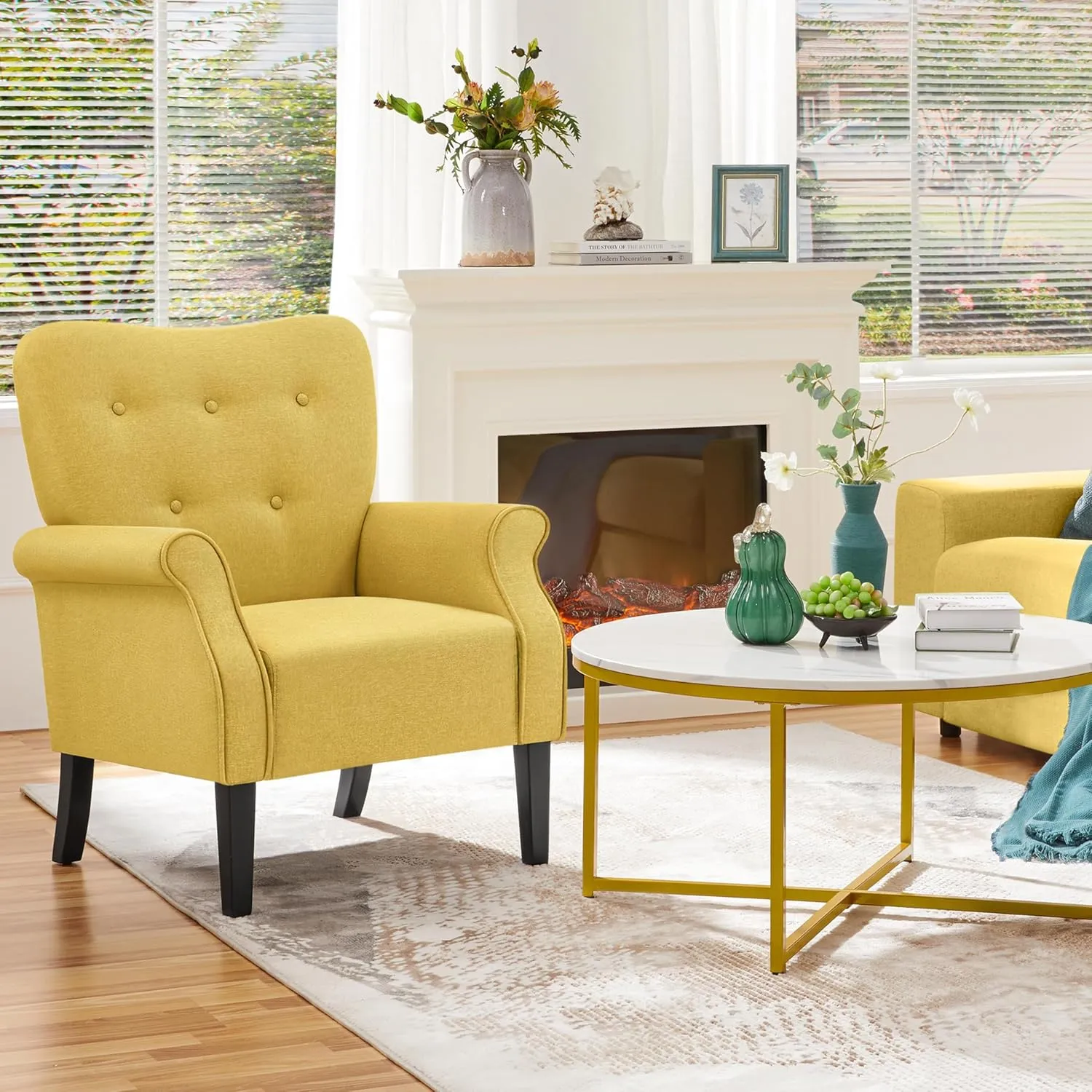Yaheetech Modern Armchair, Mid Century Accent Sofa Chair with Sturdy Wood Legs and High Back, Upholstered Fabric Sofa Club Chair for Living Room/Bedroom/Office, Yellow