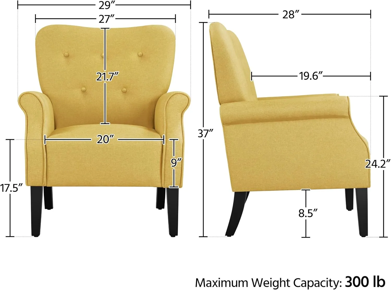 Yaheetech Modern Armchair, Mid Century Accent Sofa Chair with Sturdy Wood Legs and High Back, Upholstered Fabric Sofa Club Chair for Living Room/Bedroom/Office, Yellow