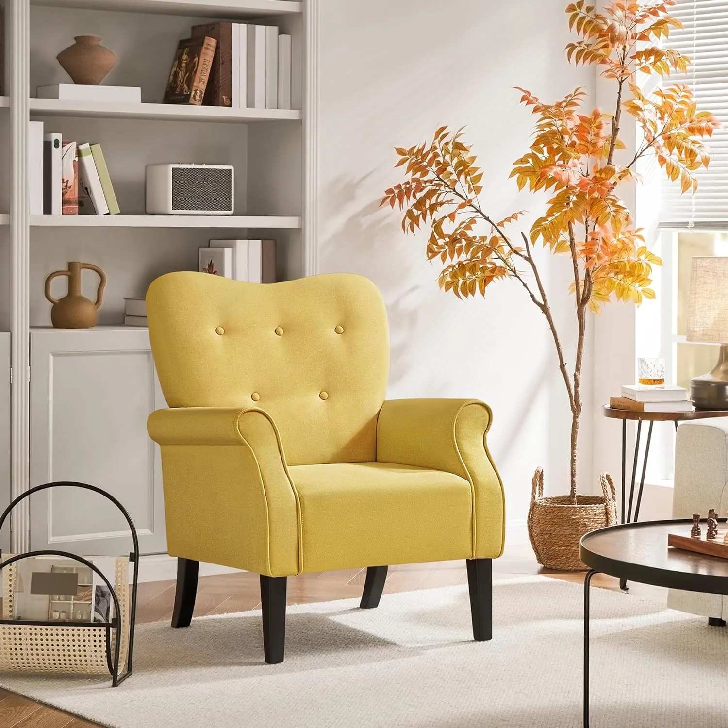 Yaheetech Modern Armchair, Mid Century Accent Sofa Chair with Sturdy Wood Legs and High Back, Upholstered Fabric Sofa Club Chair for Living Room/Bedroom/Office, Yellow