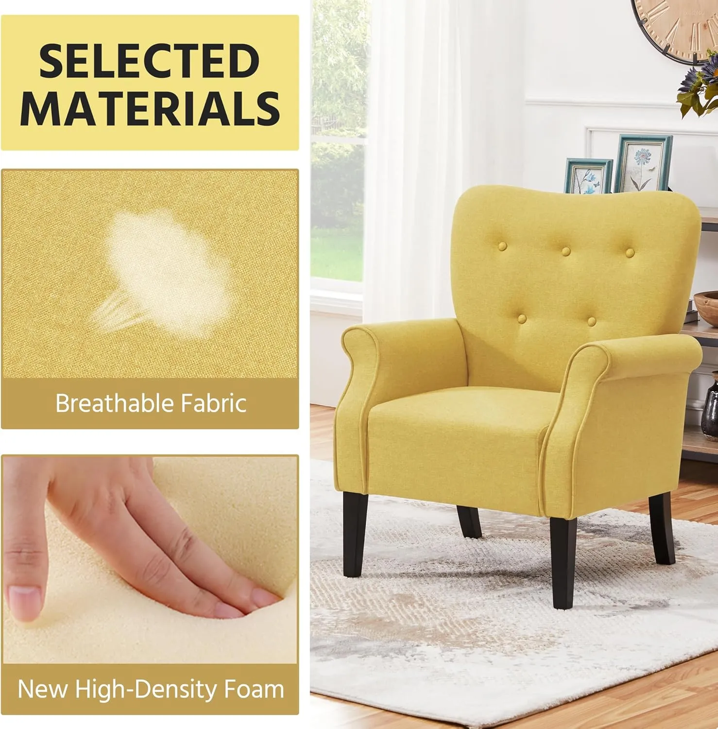 Yaheetech Modern Armchair, Mid Century Accent Sofa Chair with Sturdy Wood Legs and High Back, Upholstered Fabric Sofa Club Chair for Living Room/Bedroom/Office, Yellow
