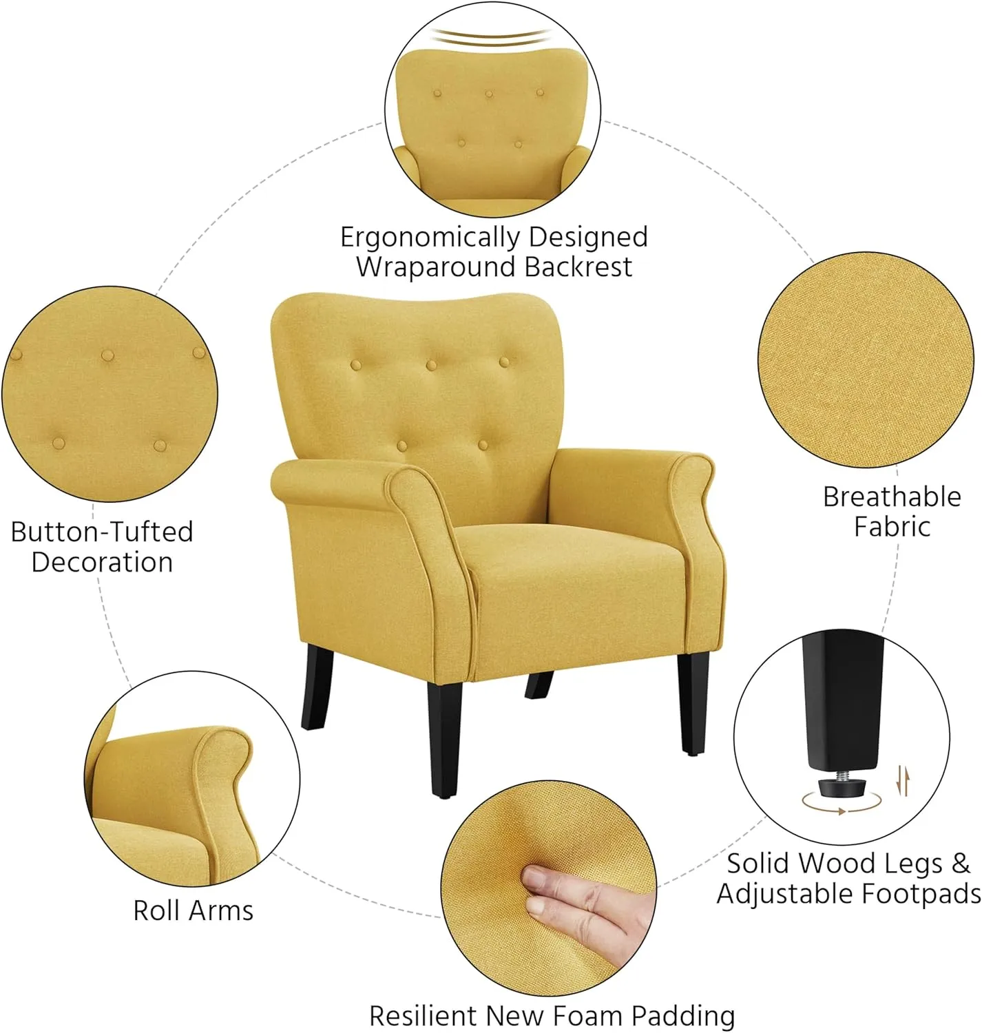 Yaheetech Modern Armchair, Mid Century Accent Sofa Chair with Sturdy Wood Legs and High Back, Upholstered Fabric Sofa Club Chair for Living Room/Bedroom/Office, Yellow