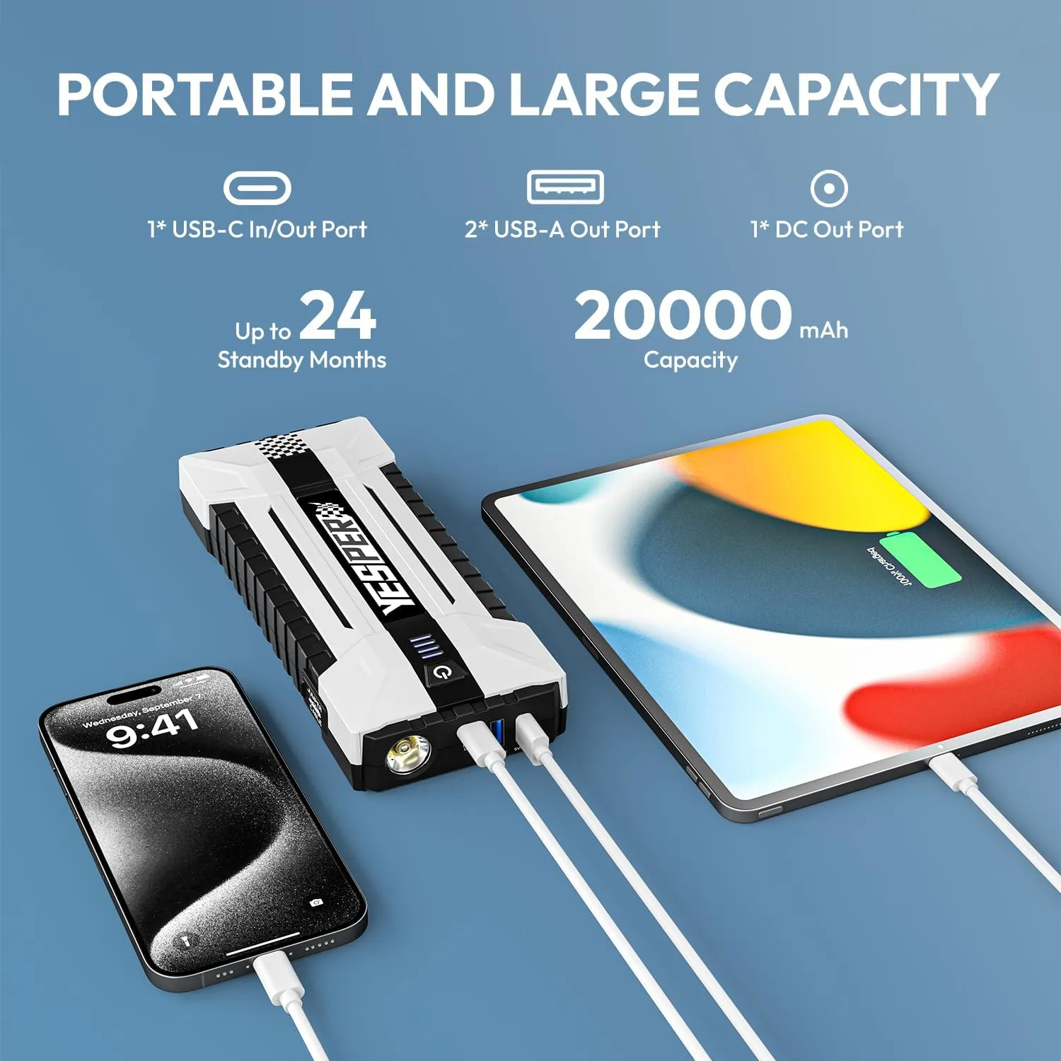 YESPER Battery Jump Starter Portable, 3000A Booster Pack Jump Box for 12V Car (Up to 10L Gas/8L Diesel Engine), Jumper Cables with DSLI Safe Tech, PD 15W Fast Charge & DC 15V Port