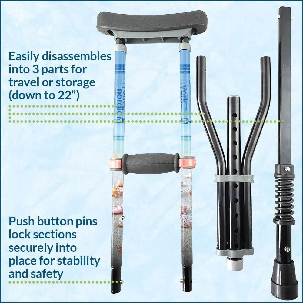 York Nordic - Spring Cushion Crutches Perfect for Sports Injuries and Travel - Heights 4'7" to 6'6" - Adjust Down to 22" for Travel